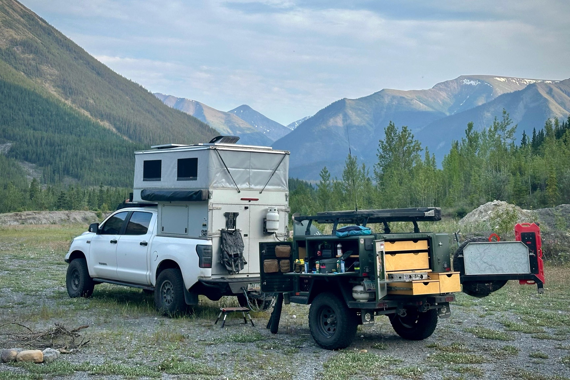 Morning camp in a scenic river valley